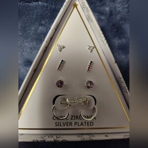 SILVER PLATED, CUBIC ZIRCONIA, 4 PAIRS EARRINGS SET